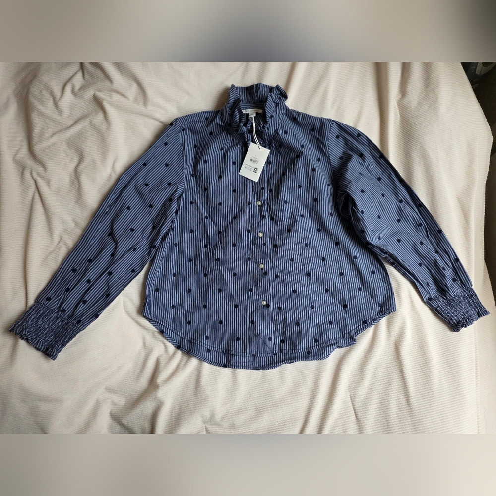 Free ASSembly Cotton Ruffled Neck Blouse Long Sleeves Strips Dots Navy Blue Nwt - Picture 3 of 6
